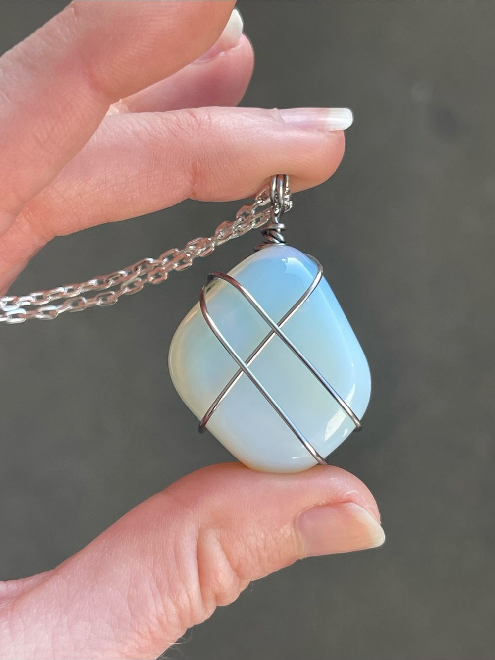 Milky Opalite Stainless Steel Wire Wrap with Silver Tone Chain